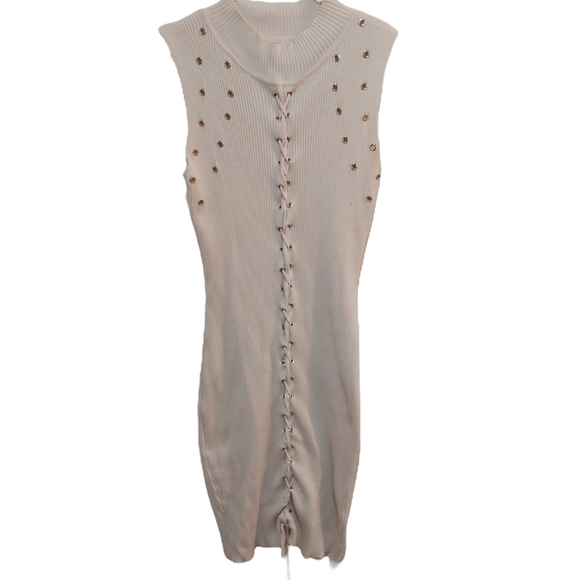 Main Strip Beige Rayon Bodycon Sleeveless Dress Size Medium (M) - Picture 1 of 5